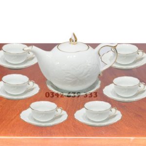 Bộ ấm trà dáng mẫu đơn hoa văn nổi