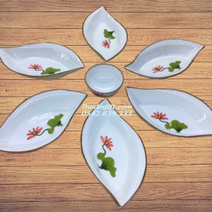 Bộ đĩa mắt mèo vẽ sen đỏ men trắng