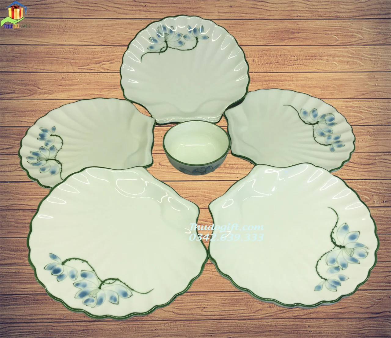 Bộ đĩa sò vẽ sen xanh men kem - SSXK06 Bộ đĩa sò vẽ sen xanh men kem - SSXK06