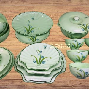 Bộ đồ ăn vẽ chuồn cỏ men ngọc