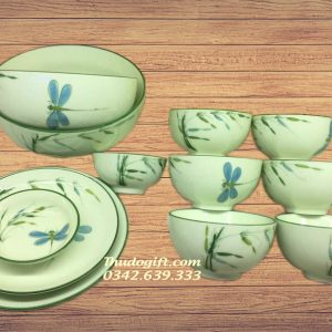 Bộ đồ ăn vẽ chuồn trúc men ngọc