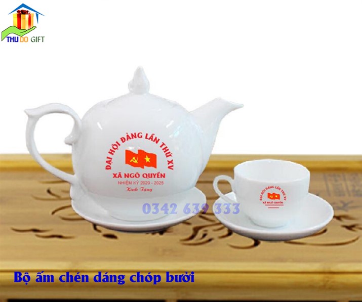 Bộ ấm trà dáng bưởi cành in logo đại hội đảng