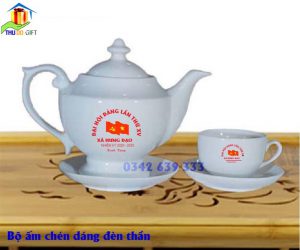 Bộ ấm chén dáng đèn thần in logo đại hội đảng