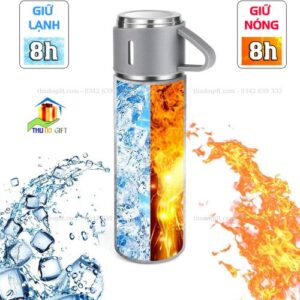 Bình Giữ Nhiệt 2 Cốc Màu Ghi 3 Bình giữ nhiệt nóng lạnh tặng kèm 2 cốc màu ghi