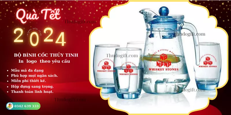 Quà Tết Doanh Nghiệp 2026: Tặng công ty, đối tác, khách hàng 2 Bộ bình cốc thủy tinh in logo