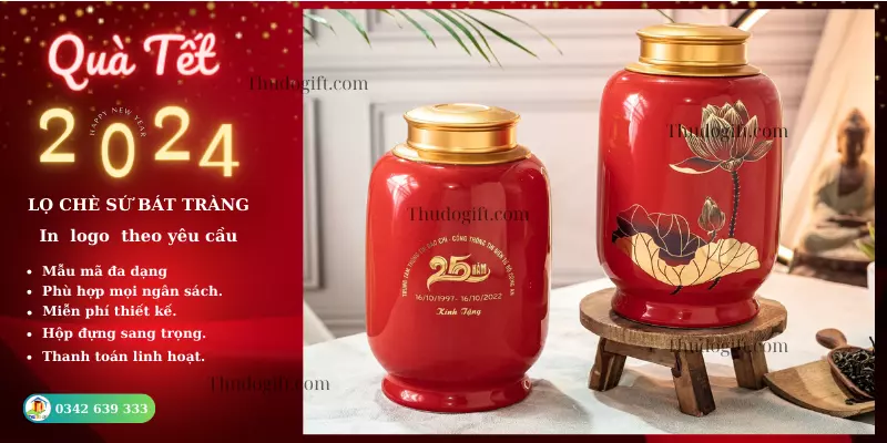 Quà Tết Doanh Nghiệp 2026: Tặng công ty, đối tác, khách hàng 13 Lọ chè sứ Bát Tràng in logo theo yêu cầu.