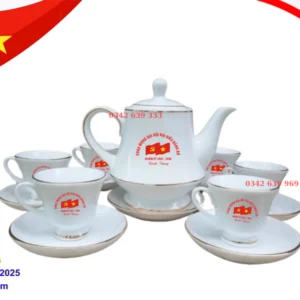Bộ ấm chén dáng Hoàng Gia kẻ chỉ vàng in logo Đại hội Đảng