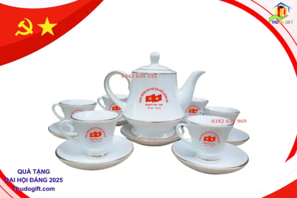 Bộ ấm chén dáng Hoàng Gia kẻ chỉ vàng in logo Đại hội Đảng