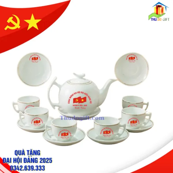 Bộ ấm chén kẻ chỉ vàng kim in logo