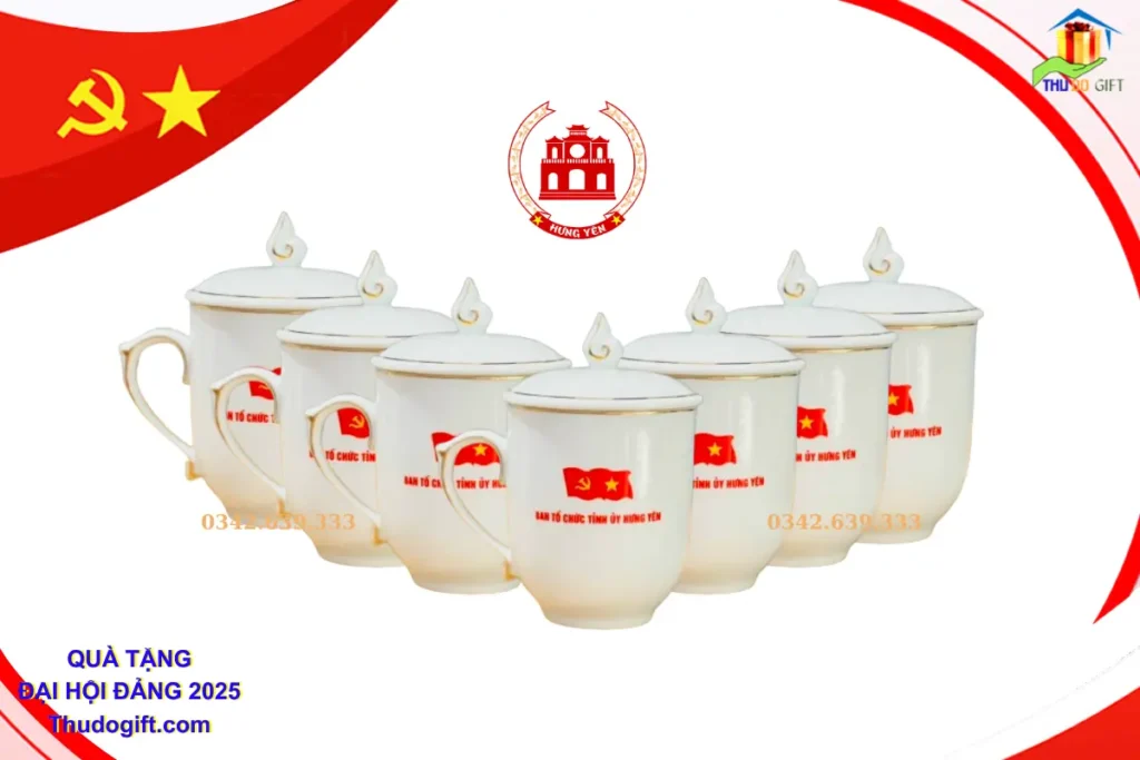Cốc sứ Bát Tràng có nắp in logo Đại hội Đảng Cốc sứ Bát Tràng có nắp in logo Đại hội Đảng