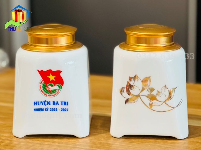 Bình đựng chè sứ nắp đồng Bình đựng chè sứ nắp đồng
