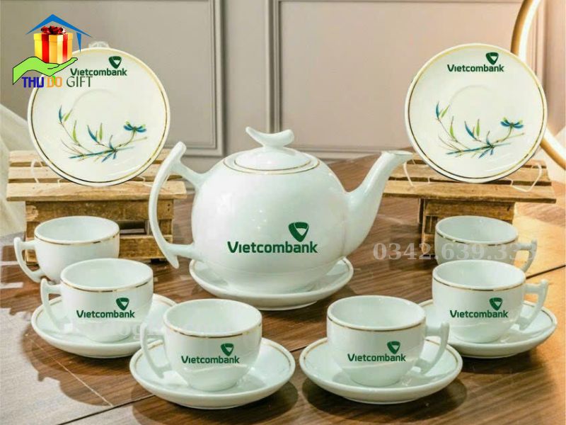 Bộ ấm chén trắng in logo dáng bưởi cành Bộ ấm chén trắng in logo dáng bưởi cành