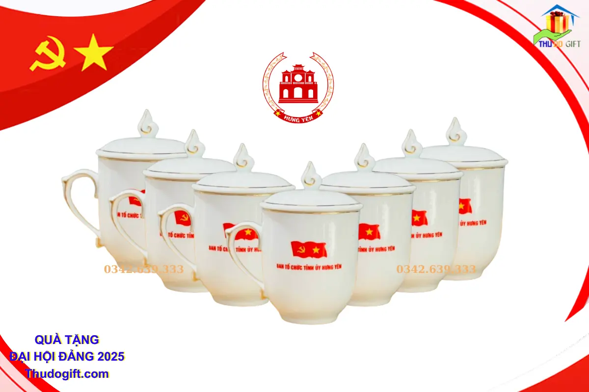 Đơn vị cung cấp Quà tặng Đại Hội tại Hưng Yên 4 Bộ cốc sứ in logo Đại hội