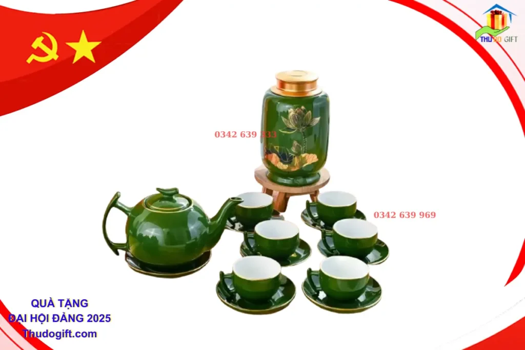 Quà Tặng Bộ Ấm Chén Bát Tràng In Logo 1 Bộ ấm chén men ngọc lọ chè sứ làm quà tặng