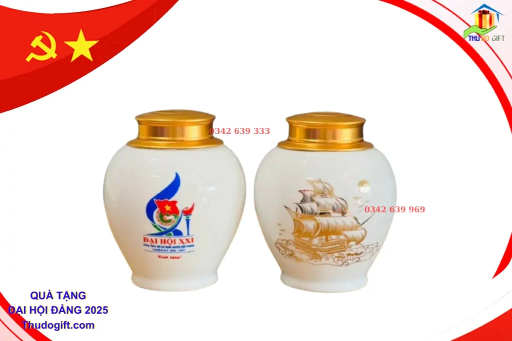 Lọ chè sứ Bát Tràng Quà Tặng Đại Hội Cấp Xã