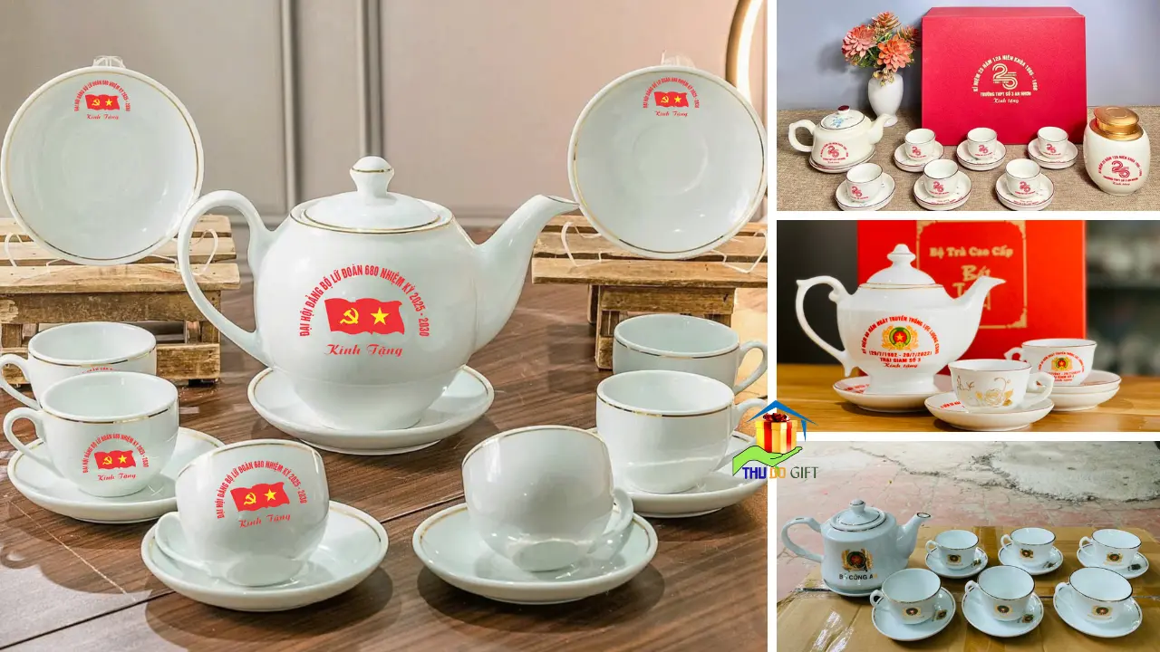 Bộ ấm chén in logo làm quà tặng Đại hội ngành Quân đội Bộ ấm chén in logo làm quà tặng Đại hội ngành Quân đội
